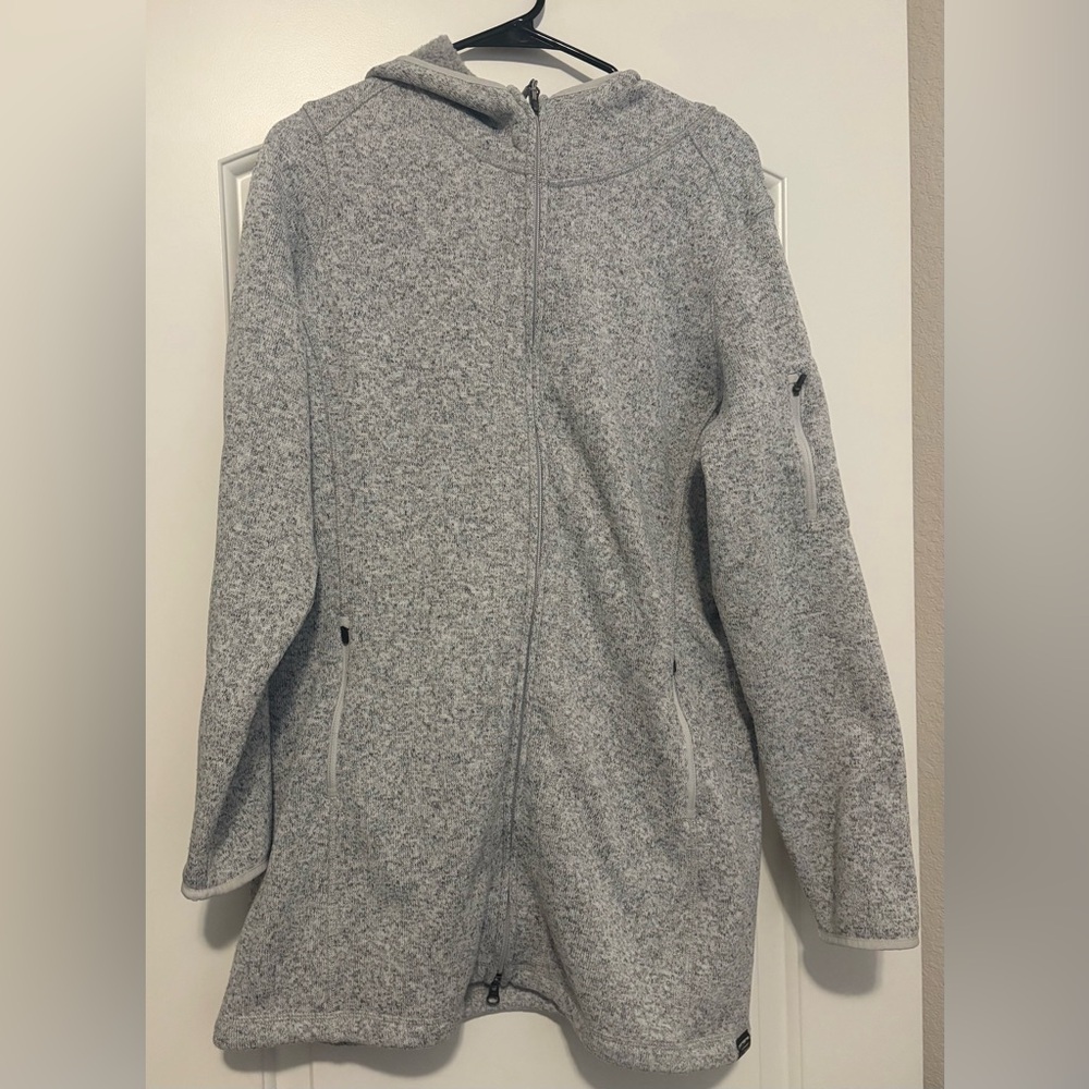 LL Bean Hooded Sweater Fleece Coat Tunic Length Pewter Size L After Yoga Capsule